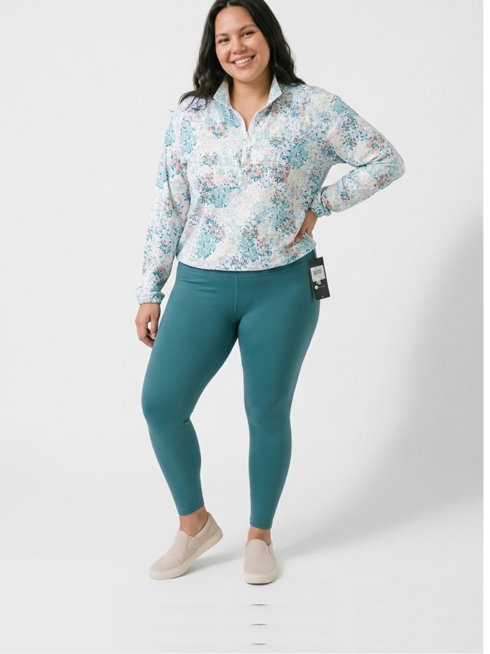 Bad Birdie Floral Quarter-Zip Long Sleeve Pullover Golf Shirt in White and Teal